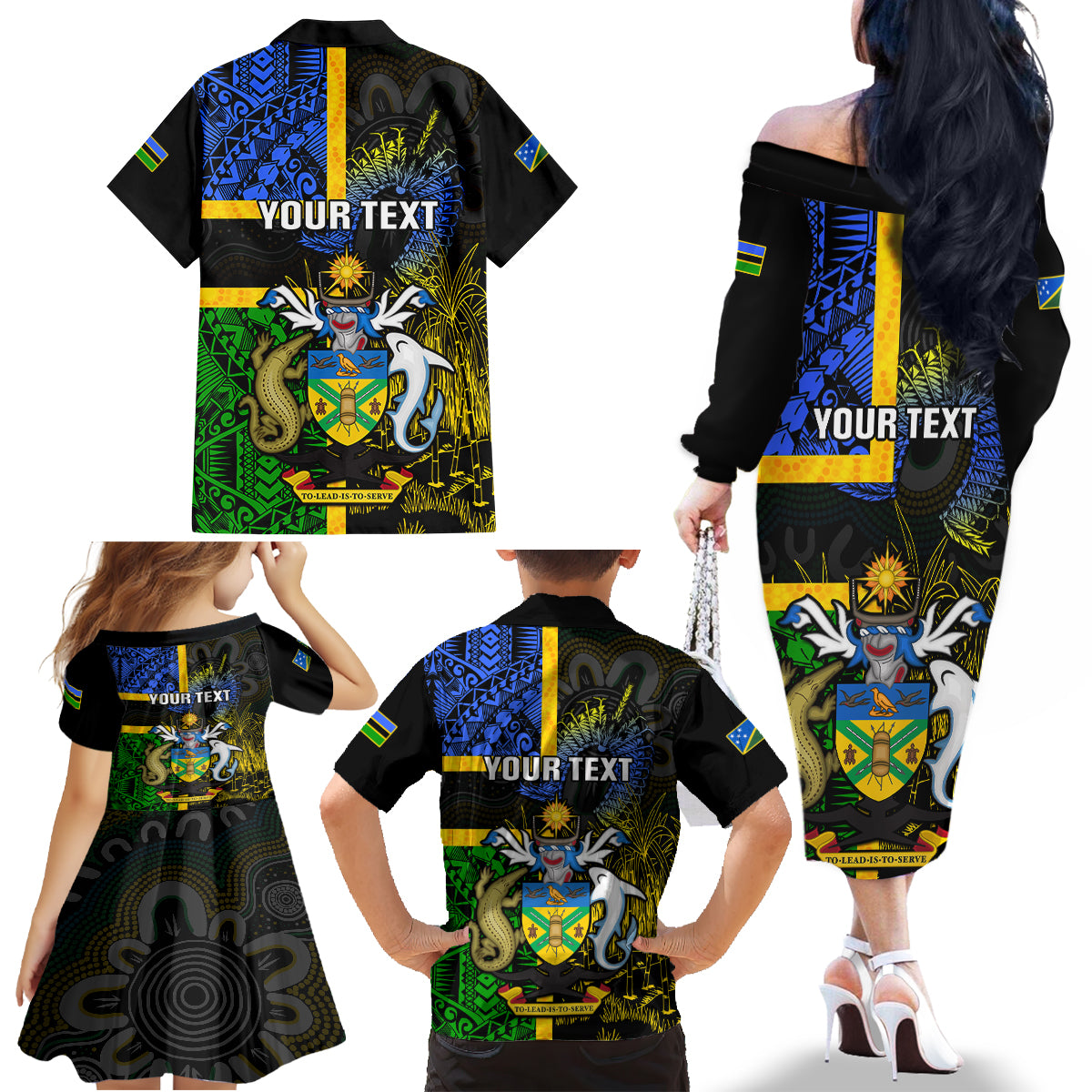 Personalised South Sea Islanders Family Matching Off Shoulder Long Sleeve Dress and Hawaiian Shirt Kanakas With Solomon Islands Coat Of Arms LT14 - Polynesian Pride