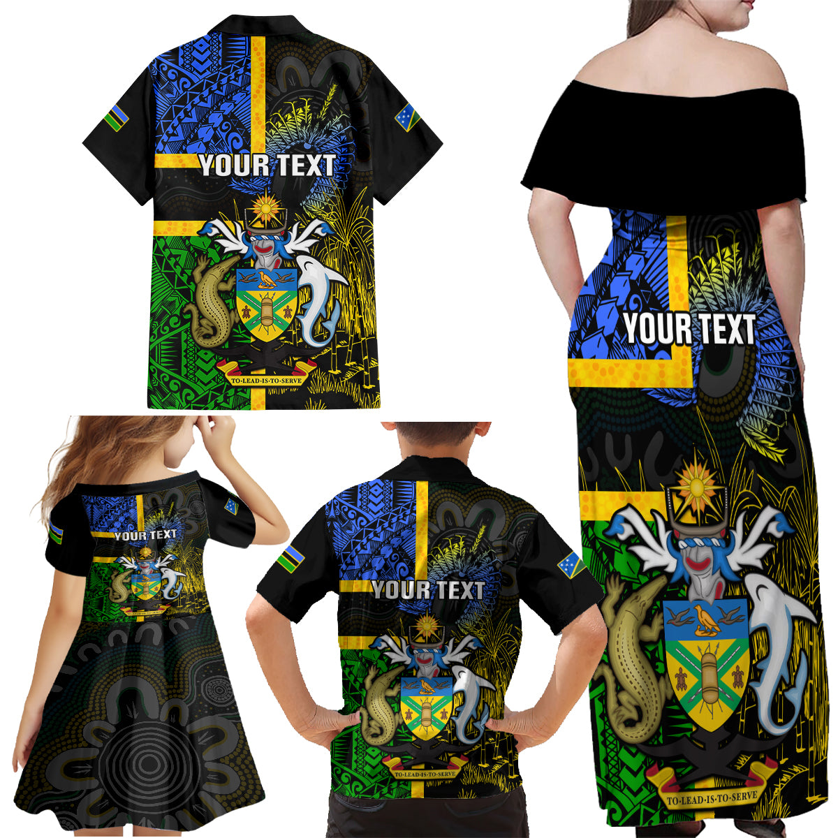 Personalised South Sea Islanders Family Matching Off Shoulder Maxi Dress and Hawaiian Shirt Kanakas With Solomon Islands Coat Of Arms LT14 - Polynesian Pride