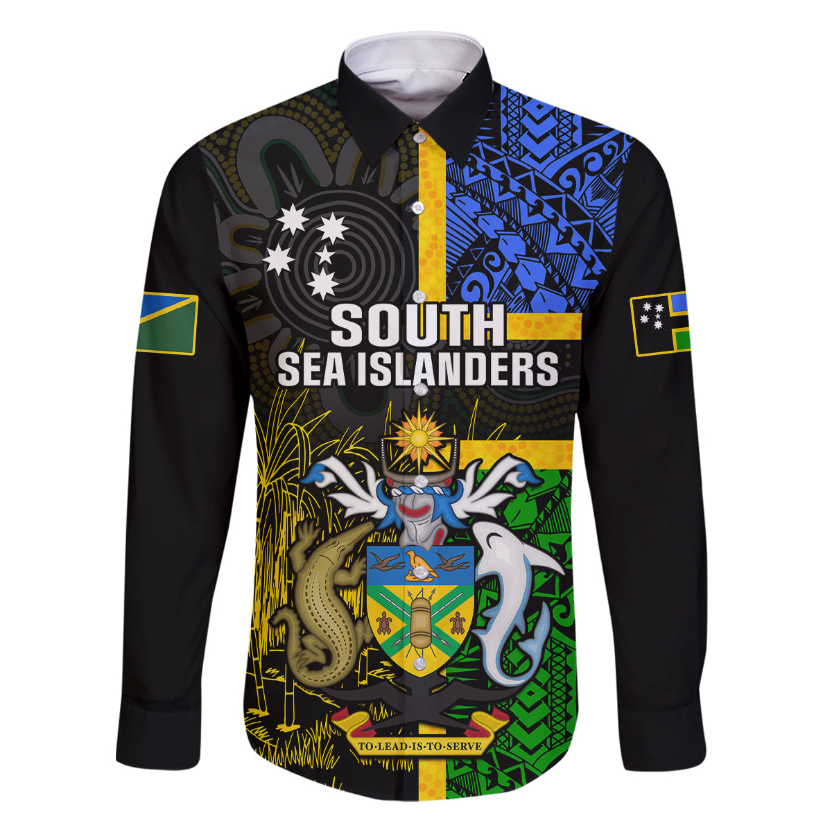 Personalised South Sea Islanders Family Matching Off Shoulder Maxi Dress and Hawaiian Shirt Kanakas With Solomon Islands Coat Of Arms LT14 Dad's Shirt - Long Sleeve Black - Polynesian Pride