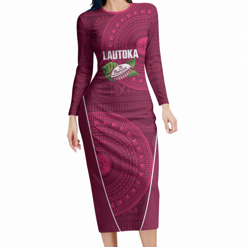 Lautoka Fiji 2026 Rugby Custom Long Sleeve Bodycon Dress Go Maroons Fijian Tapa Pattern LT14 Long Dress Maroon - Polynesian Pride