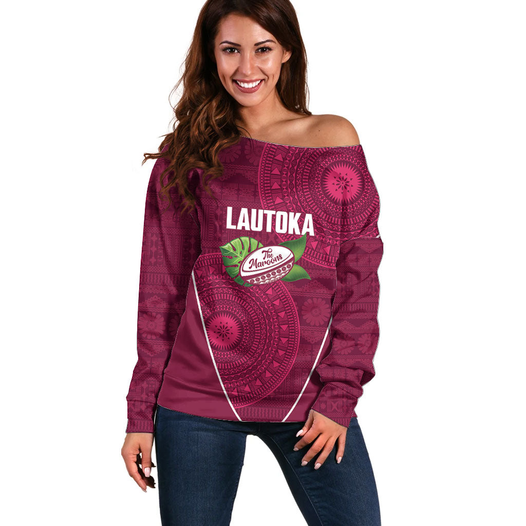 Lautoka Fiji 2026 Rugby Custom Off Shoulder Sweater Go Maroons Fijian Tapa Pattern LT14 Women Maroon - Polynesian Pride