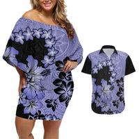 Purple Hawaii Couples Matching Off Shoulder Short Dress and Hawaiian Shirt Tapa Cloth Mix Tropical Flowers Pastel Vibes LT14 Purple - Polynesian Pride