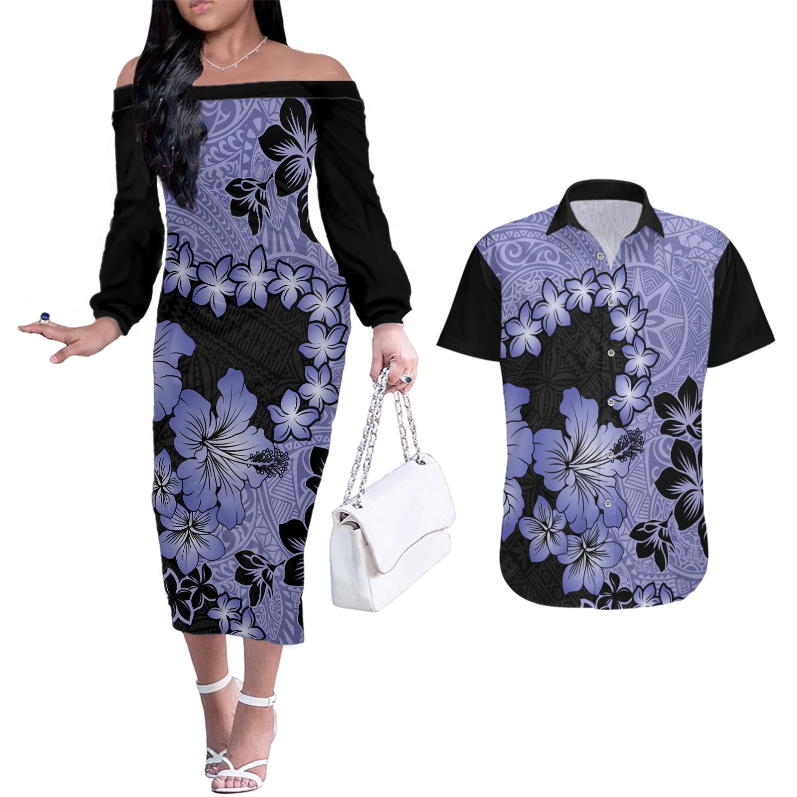 Purple Hawaii Couples Matching Off The Shoulder Long Sleeve Dress and Hawaiian Shirt Tapa Cloth Mix Tropical Flowers Pastel Vibes LT14 Purple - Polynesian Pride