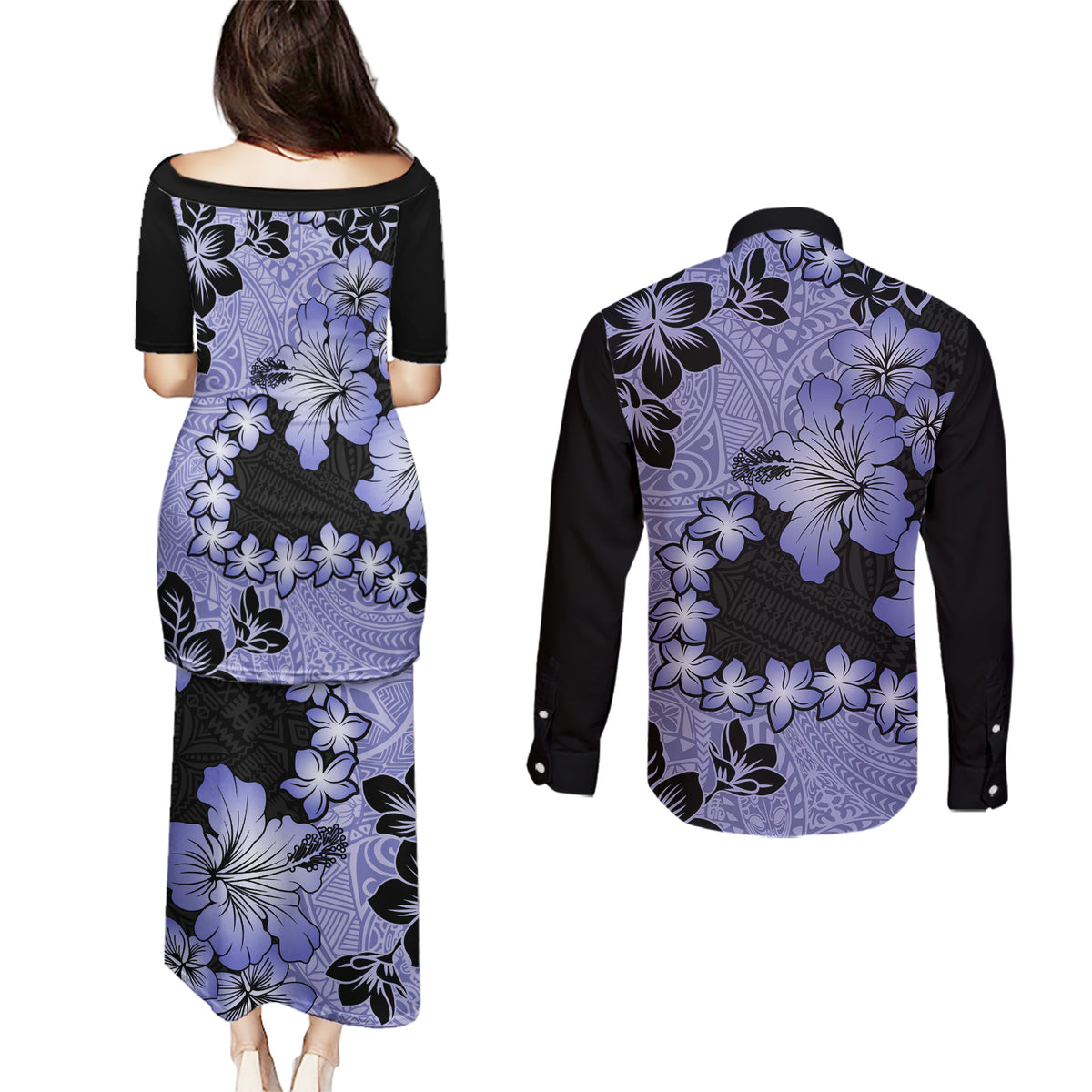 Purple Hawaii Couples Matching Puletasi Dress and Long Sleeve Button Shirt Tapa Cloth Mix Tropical Flowers Pastel Vibes LT14 - Polynesian Pride