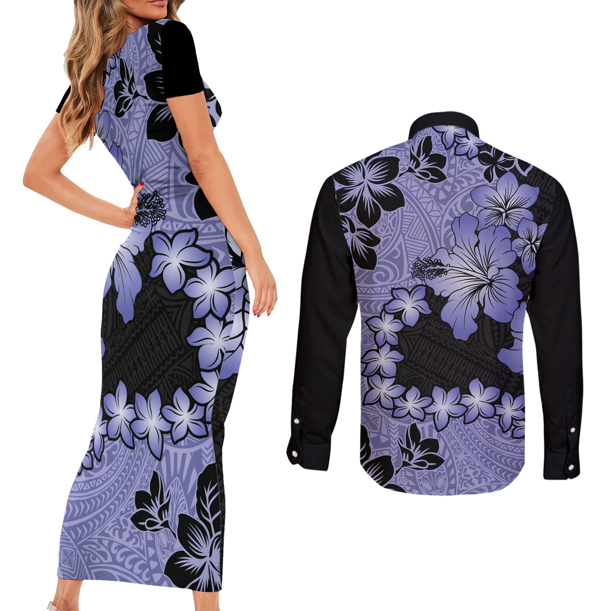 Purple Hawaii Couples Matching Short Sleeve Bodycon Dress and Long Sleeve Button Shirt Tapa Cloth Mix Tropical Flowers Pastel Vibes LT14 - Polynesian Pride
