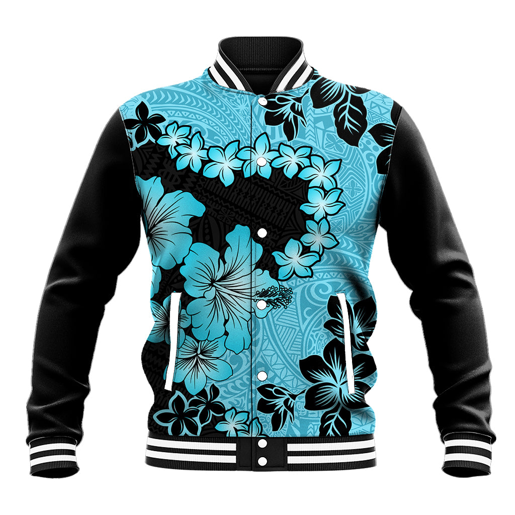 Blue Hawaii Baseball Jacket Tapa Cloth Mix Tropical Flowers Pastel Vibes LT14 Unisex Blue - Polynesian Pride