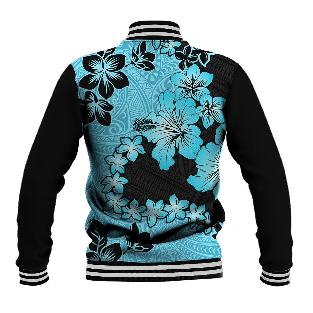 Blue Hawaii Baseball Jacket Tapa Cloth Mix Tropical Flowers Pastel Vibes LT14 - Polynesian Pride