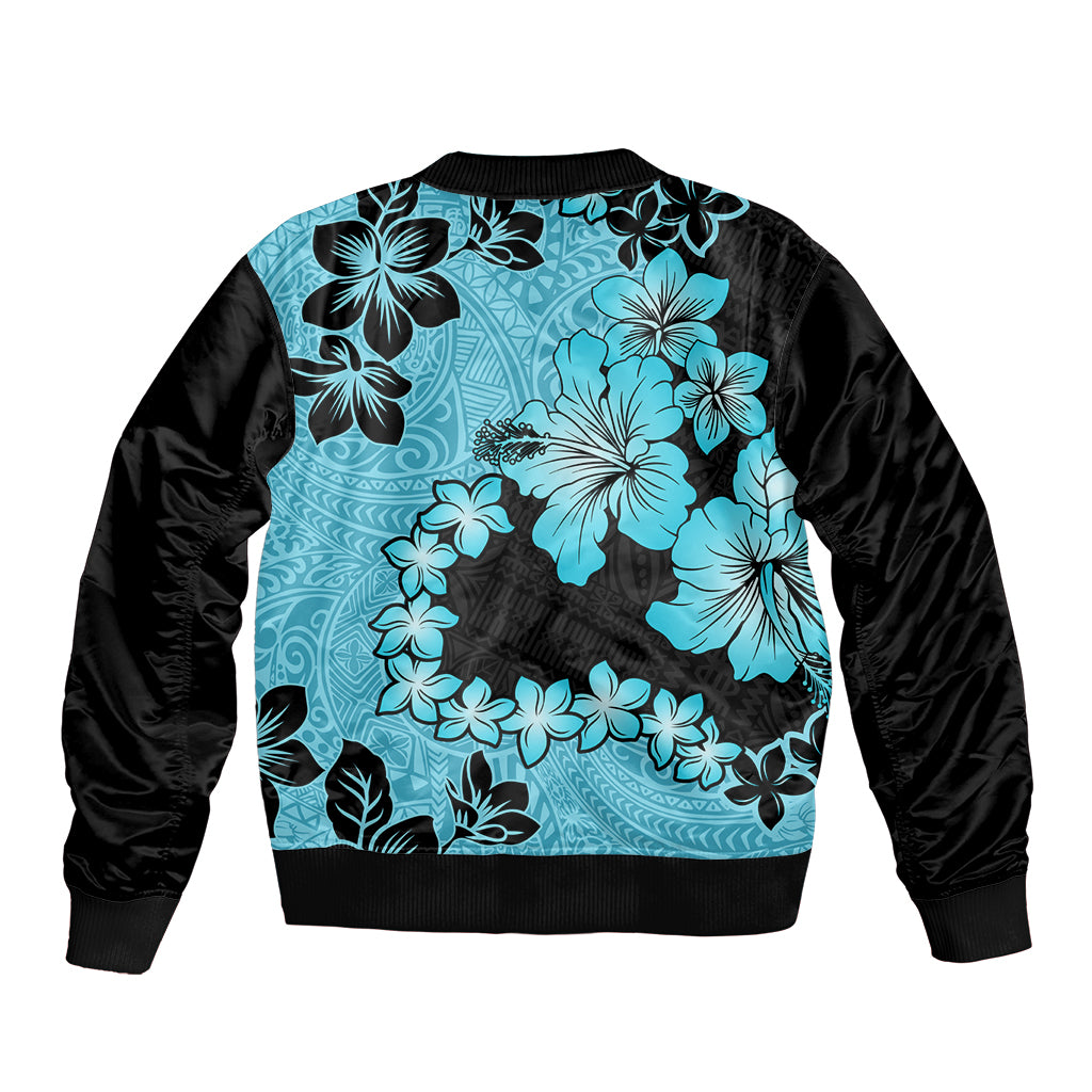 Blue Hawaii Bomber Jacket Tapa Cloth Mix Tropical Flowers Pastel Vibes LT14 - Polynesian Pride