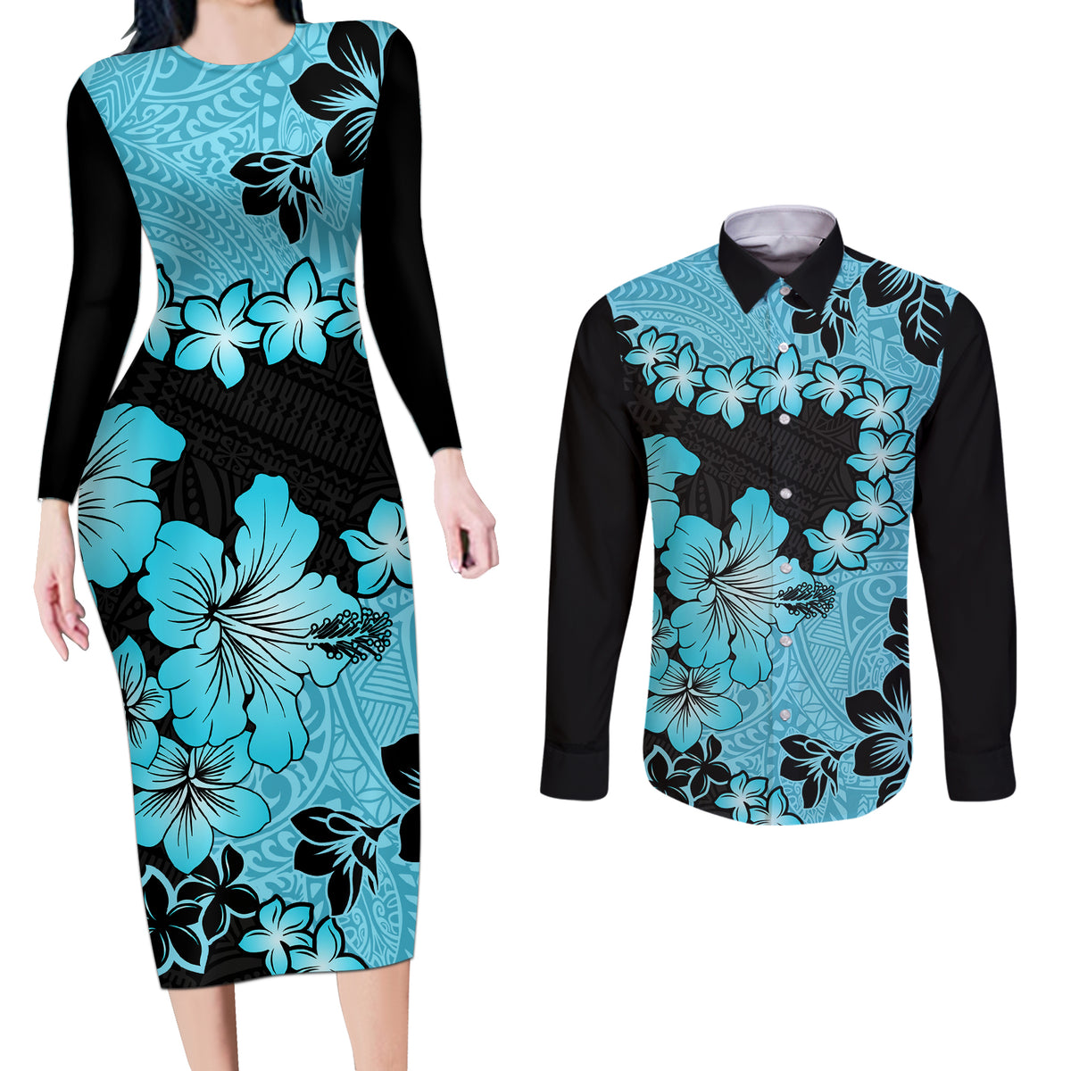 Blue Hawaii Couples Matching Long Sleeve Bodycon Dress and Long Sleeve Button Shirt Tapa Cloth Mix Tropical Flowers Pastel Vibes LT14 Blue - Polynesian Pride