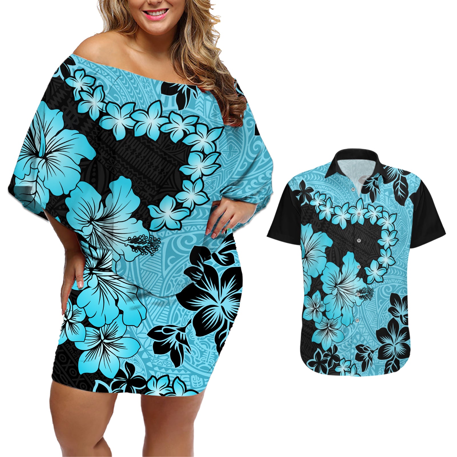 Blue Hawaii Couples Matching Off Shoulder Short Dress and Hawaiian Shirt Tapa Cloth Mix Tropical Flowers Pastel Vibes LT14 Blue - Polynesian Pride