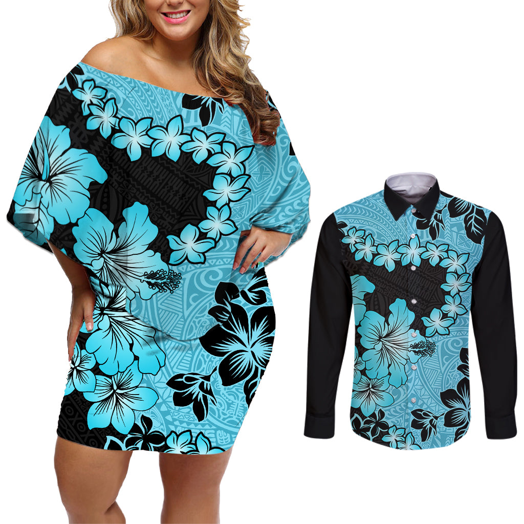 Blue Hawaii Couples Matching Off Shoulder Short Dress and Long Sleeve Button Shirt Tapa Cloth Mix Tropical Flowers Pastel Vibes LT14 Blue - Polynesian Pride