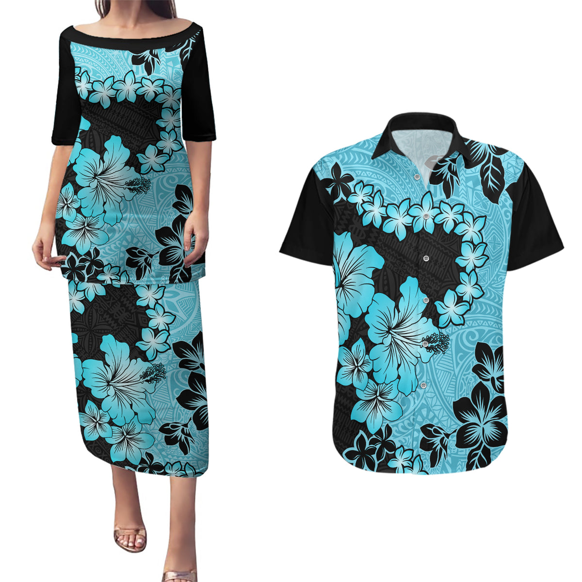 Blue Hawaii Couples Matching Puletasi Dress and Hawaiian Shirt Tapa Cloth Mix Tropical Flowers Pastel Vibes LT14 Blue - Polynesian Pride
