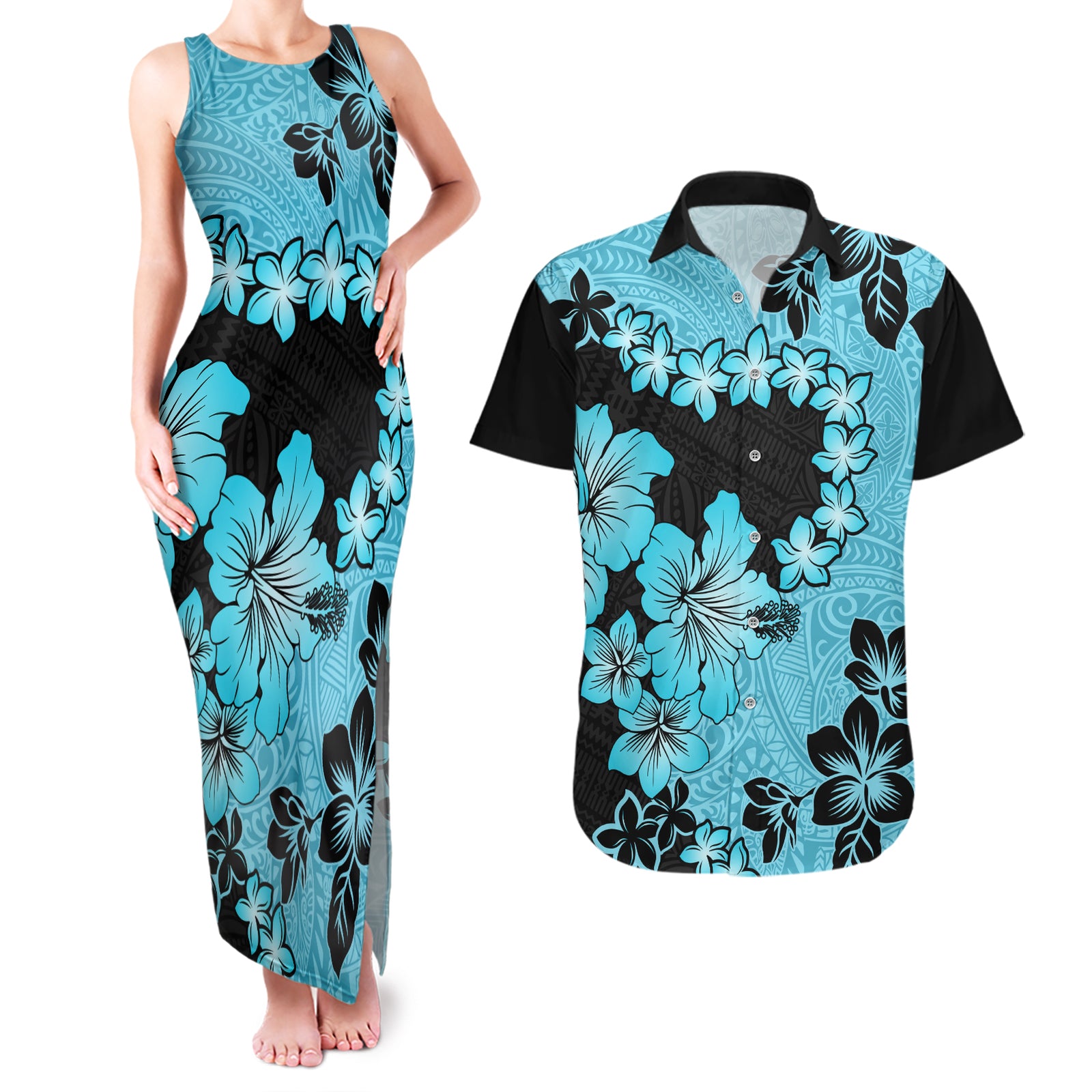 Blue Hawaii Couples Matching Tank Maxi Dress and Hawaiian Shirt Tapa Cloth Mix Tropical Flowers Pastel Vibes LT14 Blue - Polynesian Pride