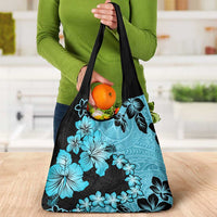 Blue Hawaii Grocery Bag Tapa Cloth Mix Tropical Flowers Pastel Vibes