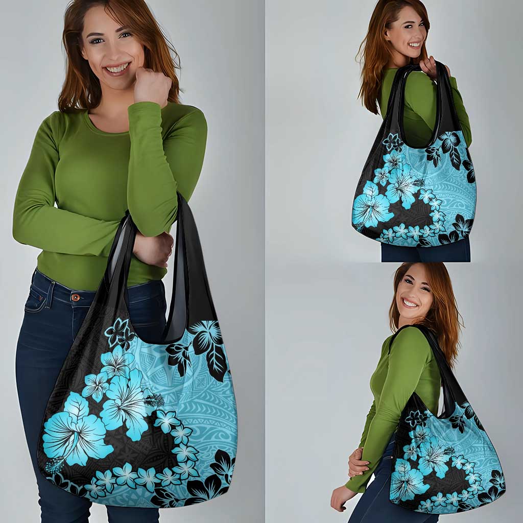 Blue Hawaii Grocery Bag Tapa Cloth Mix Tropical Flowers Pastel Vibes