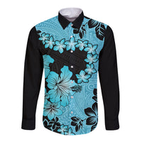 Blue Hawaii Long Sleeve Button Shirt Tapa Cloth Mix Tropical Flowers Pastel Vibes LT14 Unisex Blue - Polynesian Pride