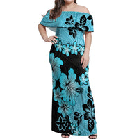 Blue Hawaii Off Shoulder Maxi Dress Tapa Cloth Mix Tropical Flowers Pastel Vibes LT14 Women Blue - Polynesian Pride