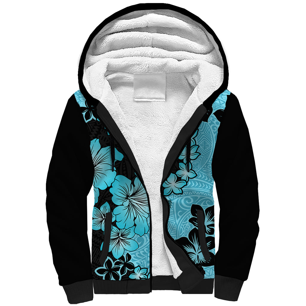 Blue Hawaii Sherpa Hoodie Tapa Cloth Mix Tropical Flowers Pastel Vibes LT14 Unisex Blue - Polynesian Pride