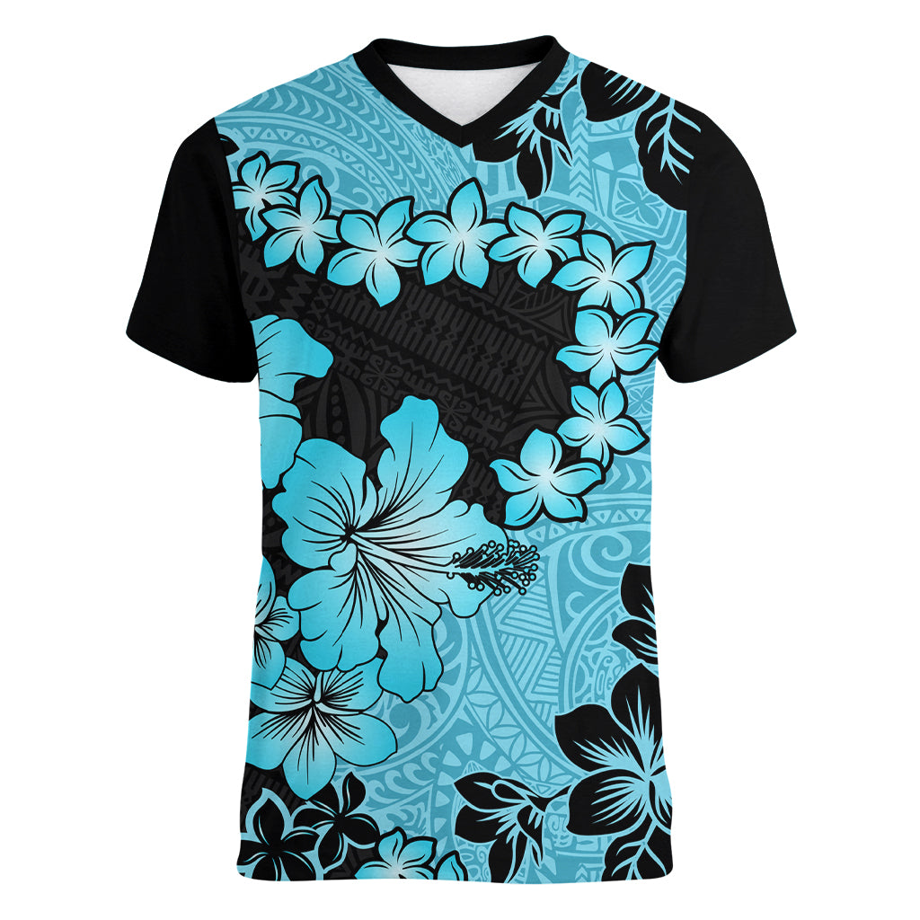 Blue Hawaii Women V Neck T Shirt Tapa Cloth Mix Tropical Flowers Pastel Vibes LT14 Female Blue - Polynesian Pride