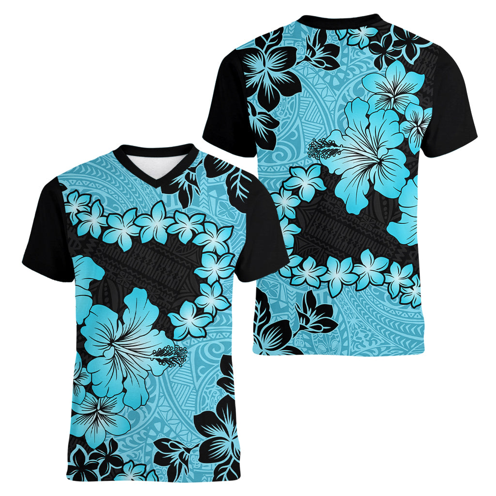 Blue Hawaii Women V Neck T Shirt Tapa Cloth Mix Tropical Flowers Pastel Vibes LT14 - Polynesian Pride