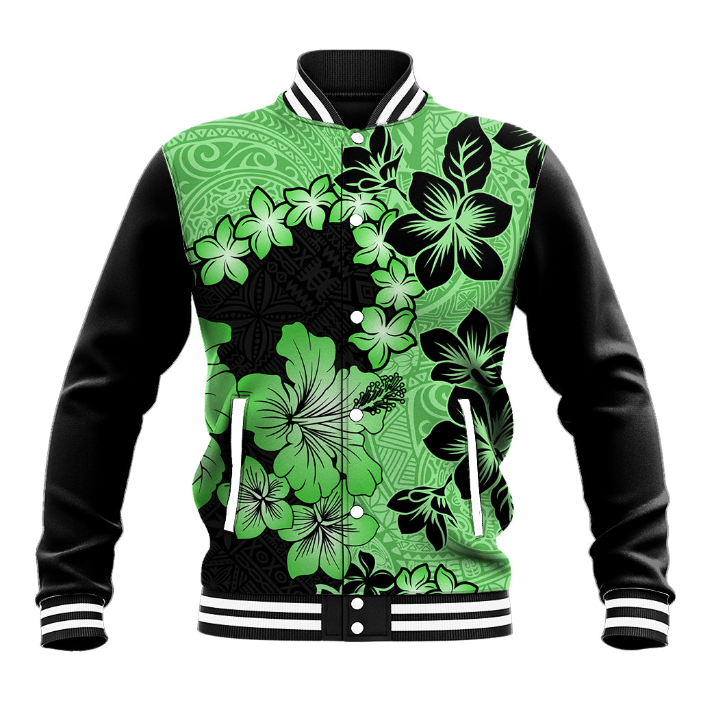 Green Hawaii Baseball Jacket Tapa Cloth Mix Tropical Flowers Pastel Vibes LT14 Unisex Green - Polynesian Pride