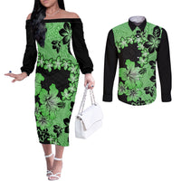 Green Hawaii Couples Matching Off The Shoulder Long Sleeve Dress and Long Sleeve Button Shirt Tapa Cloth Mix Tropical Flowers Pastel Vibes LT14 Green - Polynesian Pride