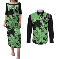 Green Hawaii Couples Matching Puletasi Dress and Long Sleeve Button Shirt Tapa Cloth Mix Tropical Flowers Pastel Vibes LT14 Green - Polynesian Pride