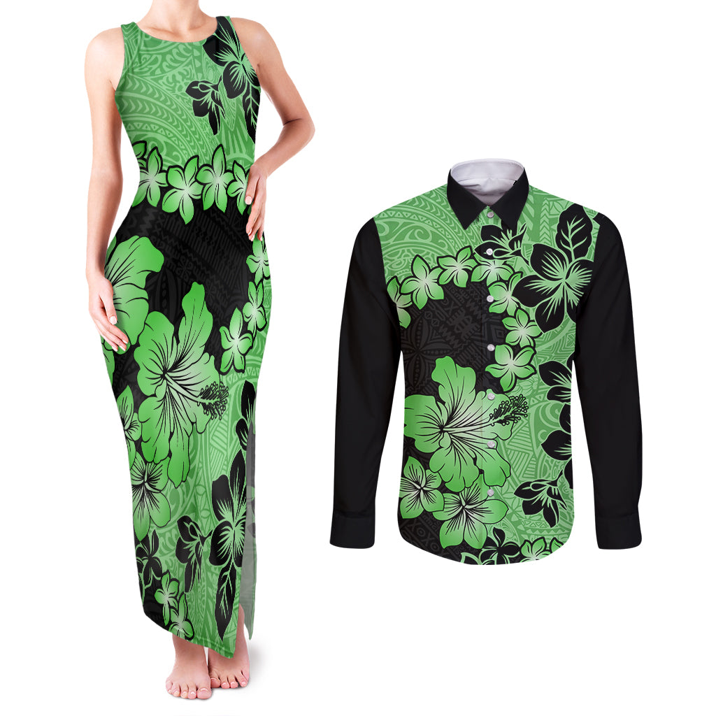 Green Hawaii Couples Matching Tank Maxi Dress and Long Sleeve Button Shirt Tapa Cloth Mix Tropical Flowers Pastel Vibes LT14 Green - Polynesian Pride