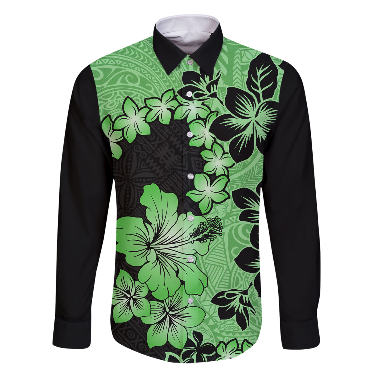 Green Hawaii Family Matching Mermaid Dress and Hawaiian Shirt Tapa Cloth Mix Tropical Flowers Pastel Vibes LT14 Dad's Shirt - Long Sleeve Green - Polynesian Pride