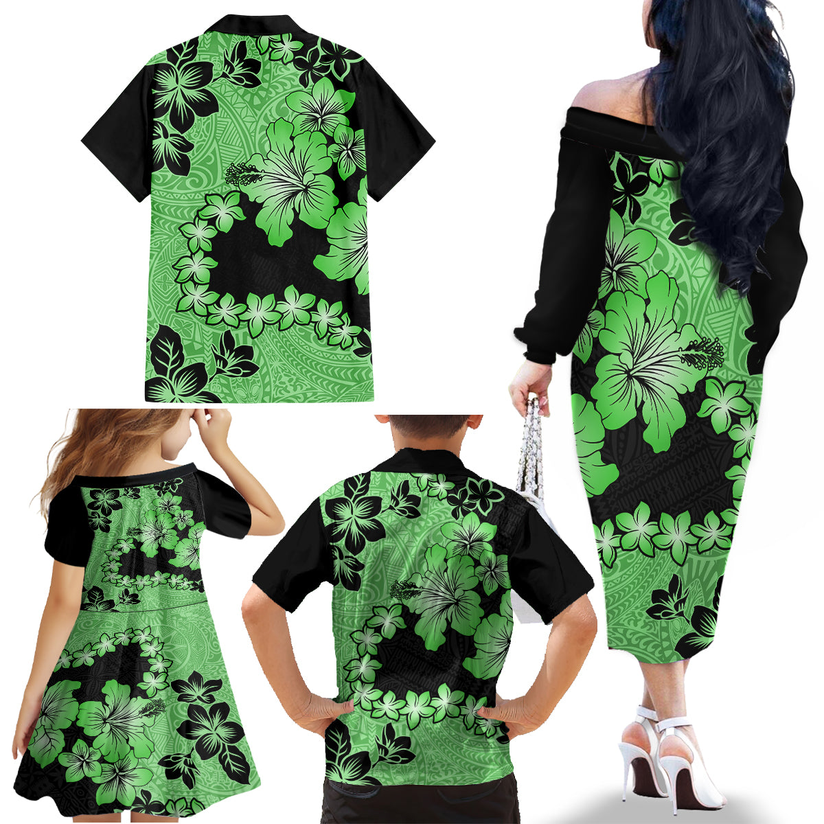 Green Hawaii Family Matching Off Shoulder Long Sleeve Dress and Hawaiian Shirt Tapa Cloth Mix Tropical Flowers Pastel Vibes LT14 - Polynesian Pride