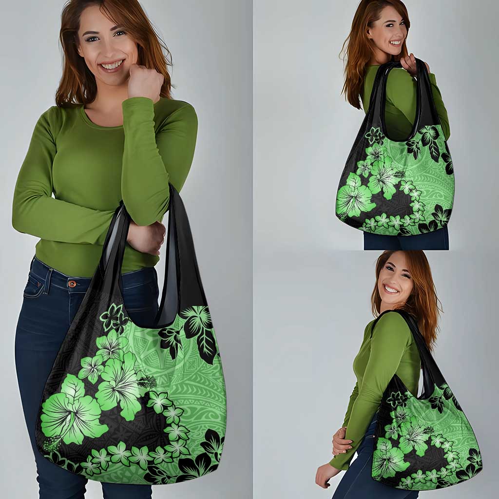 Green Hawaii Grocery Bag Tapa Cloth Mix Tropical Flowers Pastel Vibes