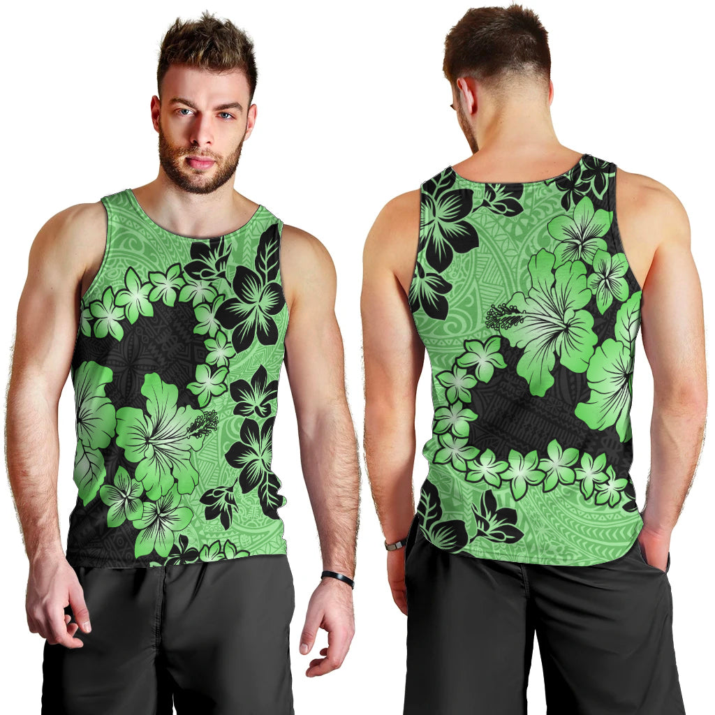 Green Hawaii Men Tank Top Tapa Cloth Mix Tropical Flowers Pastel Vibes LT14 - Polynesian Pride