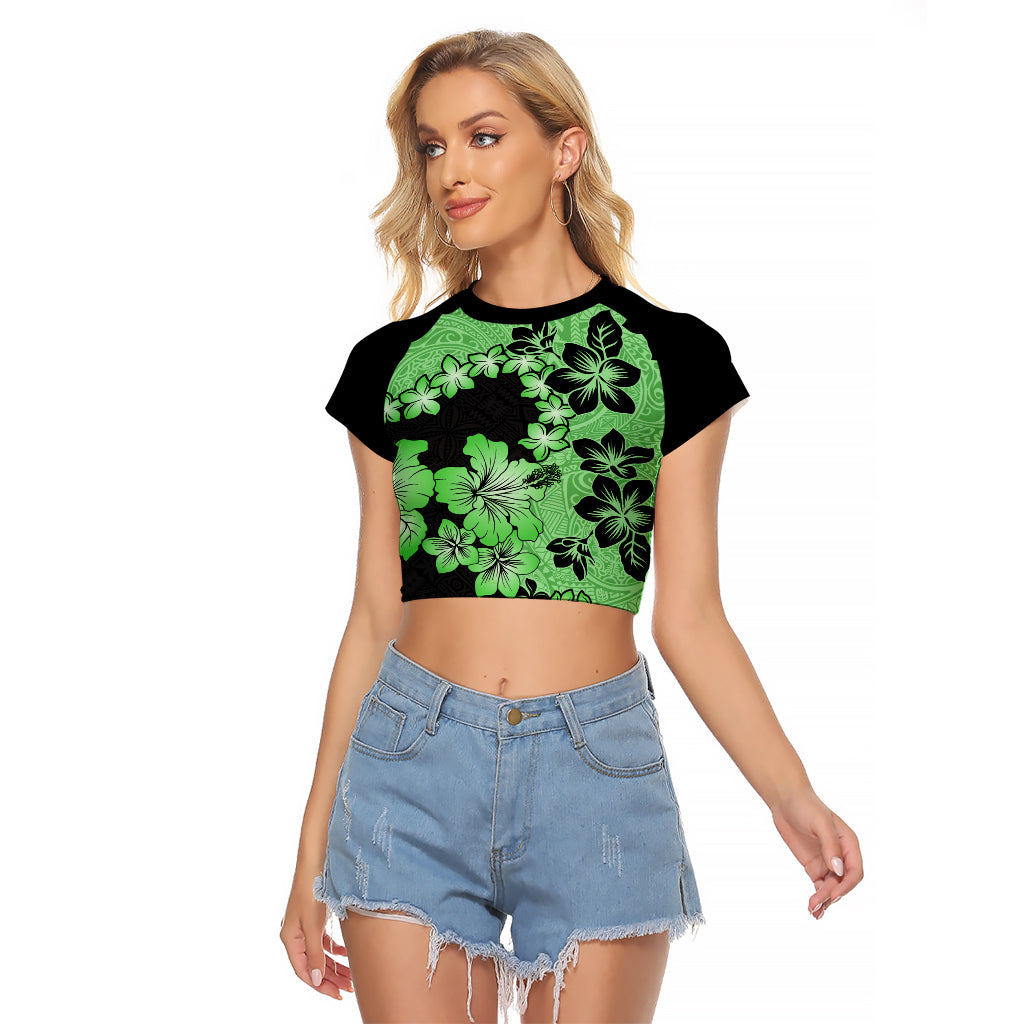 Green Hawaii Raglan Cropped T Shirt Tapa Cloth Mix Tropical Flowers Pastel Vibes LT14 Female Green - Polynesian Pride