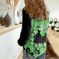 Green Hawaii Women Casual Shirt Tapa Cloth Mix Tropical Flowers Pastel Vibes LT14 - Polynesian Pride