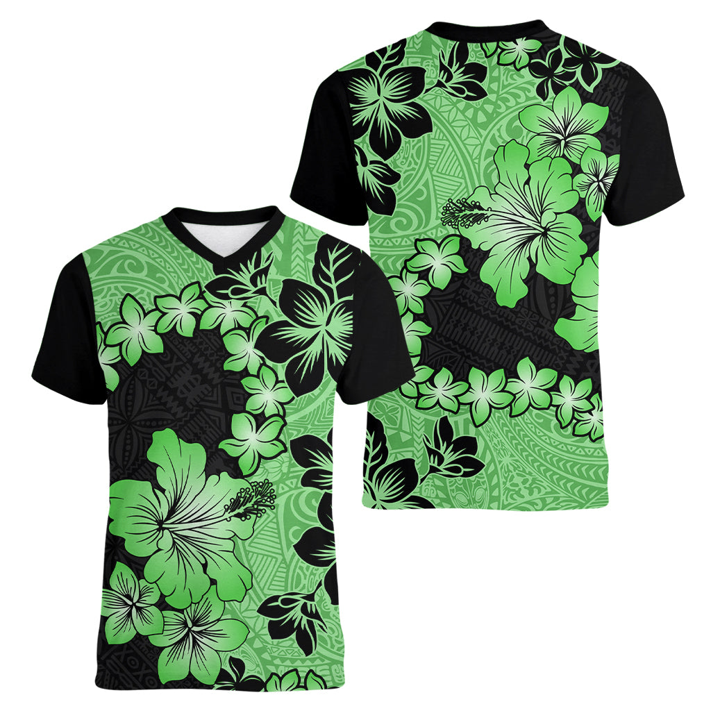 Green Hawaii Women V Neck T Shirt Tapa Cloth Mix Tropical Flowers Pastel Vibes LT14 - Polynesian Pride