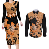 Orange Hawaii Couples Matching Long Sleeve Bodycon Dress and Long Sleeve Button Shirt Tapa Cloth Mix Tropical Flowers Pastel Vibes LT14 Orange - Polynesian Pride