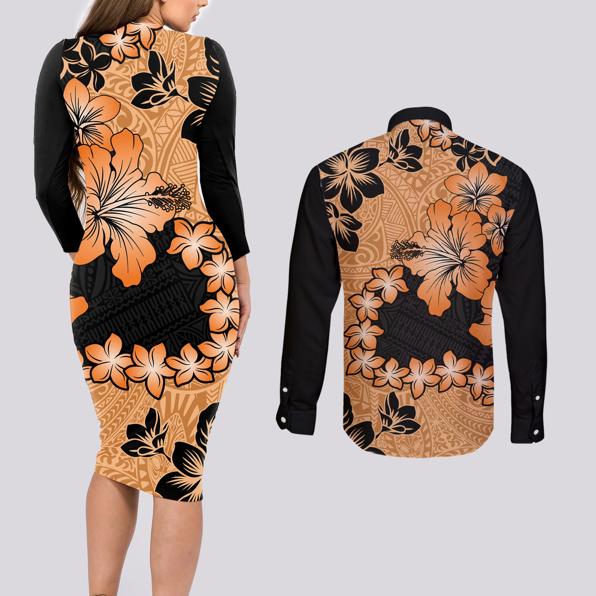 Orange Hawaii Couples Matching Long Sleeve Bodycon Dress and Long Sleeve Button Shirt Tapa Cloth Mix Tropical Flowers Pastel Vibes LT14 - Polynesian Pride