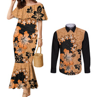 Orange Hawaii Couples Matching Mermaid Dress and Long Sleeve Button Shirt Tapa Cloth Mix Tropical Flowers Pastel Vibes LT14 Orange - Polynesian Pride