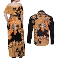 Orange Hawaii Couples Matching Off Shoulder Maxi Dress and Long Sleeve Button Shirt Tapa Cloth Mix Tropical Flowers Pastel Vibes LT14 - Polynesian Pride