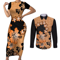 Orange Hawaii Couples Matching Short Sleeve Bodycon Dress and Long Sleeve Button Shirt Tapa Cloth Mix Tropical Flowers Pastel Vibes LT14 Orange - Polynesian Pride