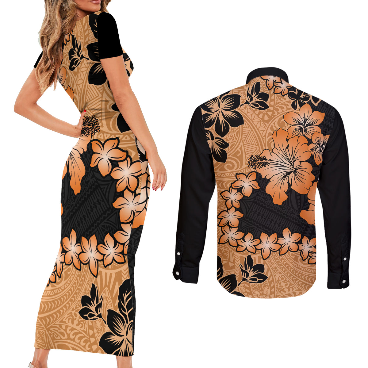 Orange Hawaii Couples Matching Short Sleeve Bodycon Dress and Long Sleeve Button Shirt Tapa Cloth Mix Tropical Flowers Pastel Vibes LT14 - Polynesian Pride