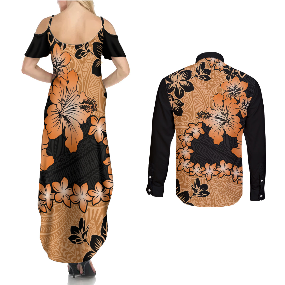 Orange Hawaii Couples Matching Summer Maxi Dress and Long Sleeve Button Shirt Tapa Cloth Mix Tropical Flowers Pastel Vibes LT14 - Polynesian Pride