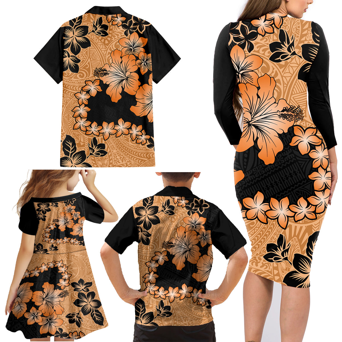 Orange Hawaii Family Matching Long Sleeve Bodycon Dress and Hawaiian Shirt Tapa Cloth Mix Tropical Flowers Pastel Vibes LT14 - Polynesian Pride