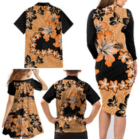 Orange Hawaii Family Matching Long Sleeve Bodycon Dress and Hawaiian Shirt Tapa Cloth Mix Tropical Flowers Pastel Vibes LT14 - Polynesian Pride