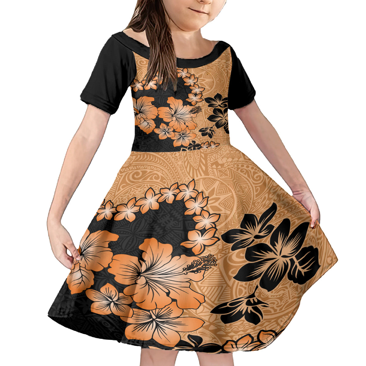Orange Hawaii Kid Short Sleeve Dress Tapa Cloth Mix Tropical Flowers Pastel Vibes LT14 KID Orange - Polynesian Pride