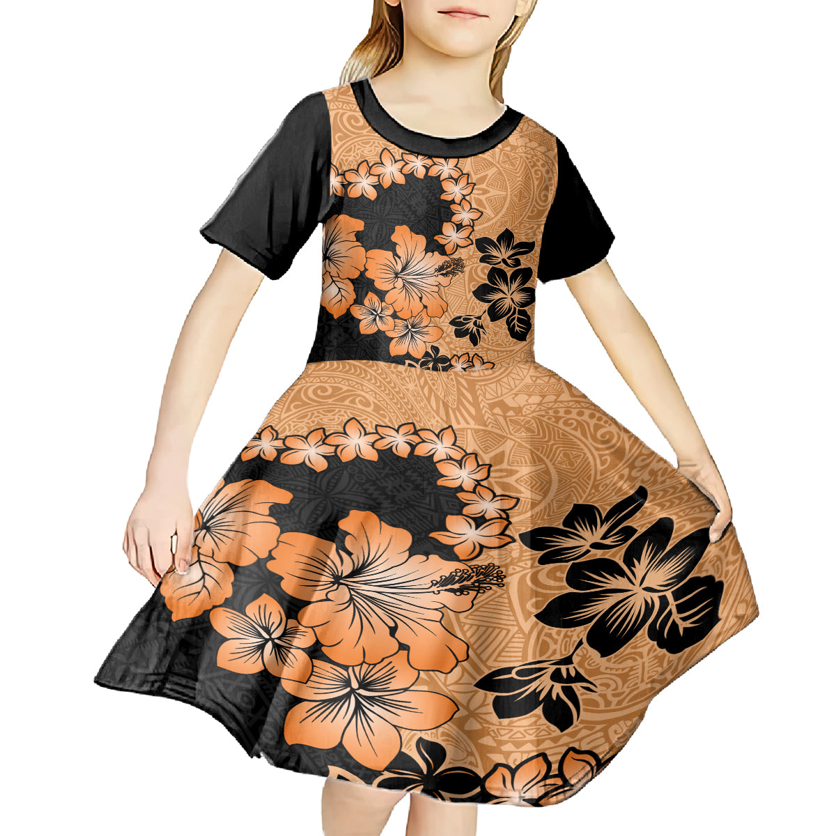 Orange Hawaii Kid Short Sleeve Dress Tapa Cloth Mix Tropical Flowers Pastel Vibes LT14 - Polynesian Pride