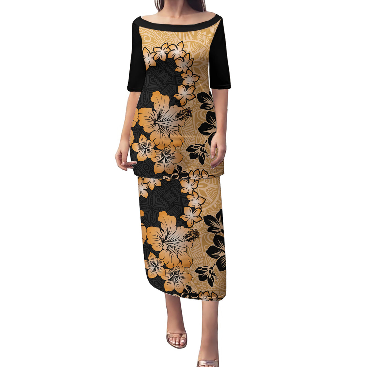 Orange Hawaii Puletasi Tapa Cloth Mix Tropical Flowers Pastel Vibes LT14 Long Dress Orange - Polynesian Pride