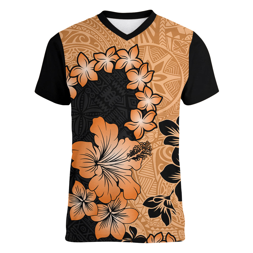Orange Hawaii Women V Neck T Shirt Tapa Cloth Mix Tropical Flowers Pastel Vibes LT14 Female Orange - Polynesian Pride