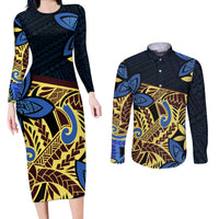 Polynesia Fabric Couples Matching Long Sleeve Bodycon Dress and Long Sleeve Button Shirt Polynesian Tribal With Frangipani Flowers LT14 Blue - Polynesian Pride