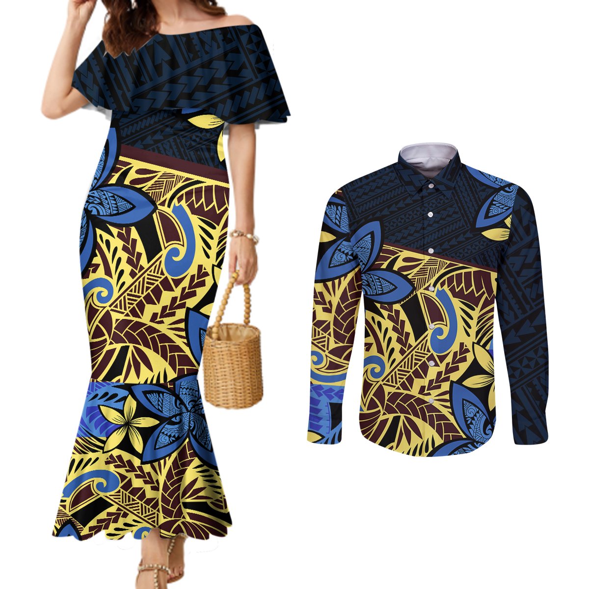 Polynesia Fabric Couples Matching Mermaid Dress and Long Sleeve Button Shirt Polynesian Tribal With Frangipani Flowers LT14 Blue - Polynesian Pride